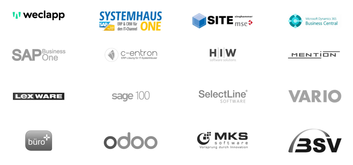 Logos der ERP Systeme, die standardmäßig an ITscope angebunden werden können: Weclapp, Systemhaus one, SITE / mse; Microsoft Dynamics 365 Business Central, SAP Business One, C-entron, HIW software solutions, Mention, Lexware, sage 100, SelectLine, Vario, büro+, odoo, MKS software, BSV