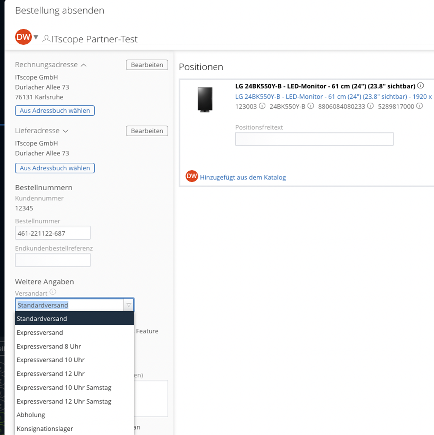 Sie finden das Drop-Down-Menü „Versandart“ im Checkout-Dialog-Abschnitt links unter „Weitere Angaben“.