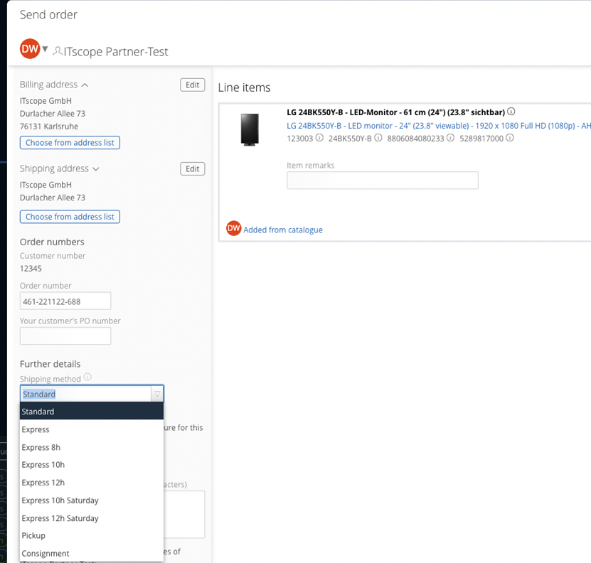 Screenshot of shipping methods in ITscope